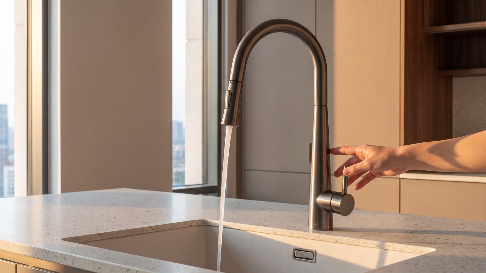 Hand tapping the neck of the Arcus touch-activation kitchen faucet as water begins to flow