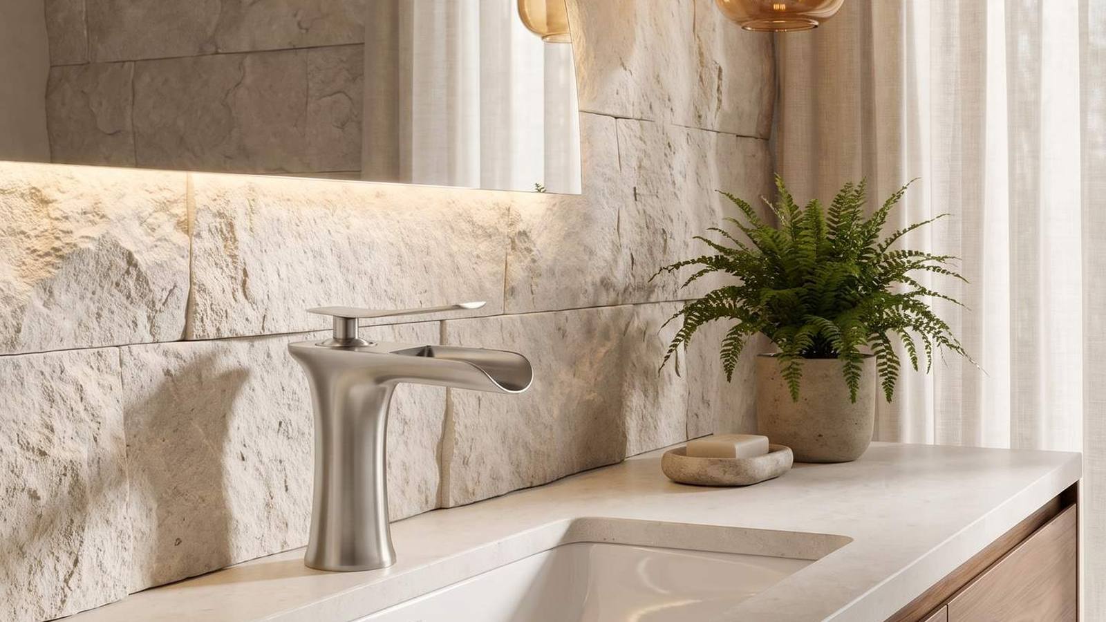 Brushed nickel single handle bathroom faucet on a stone vanity, a spot hiding finish for hard water