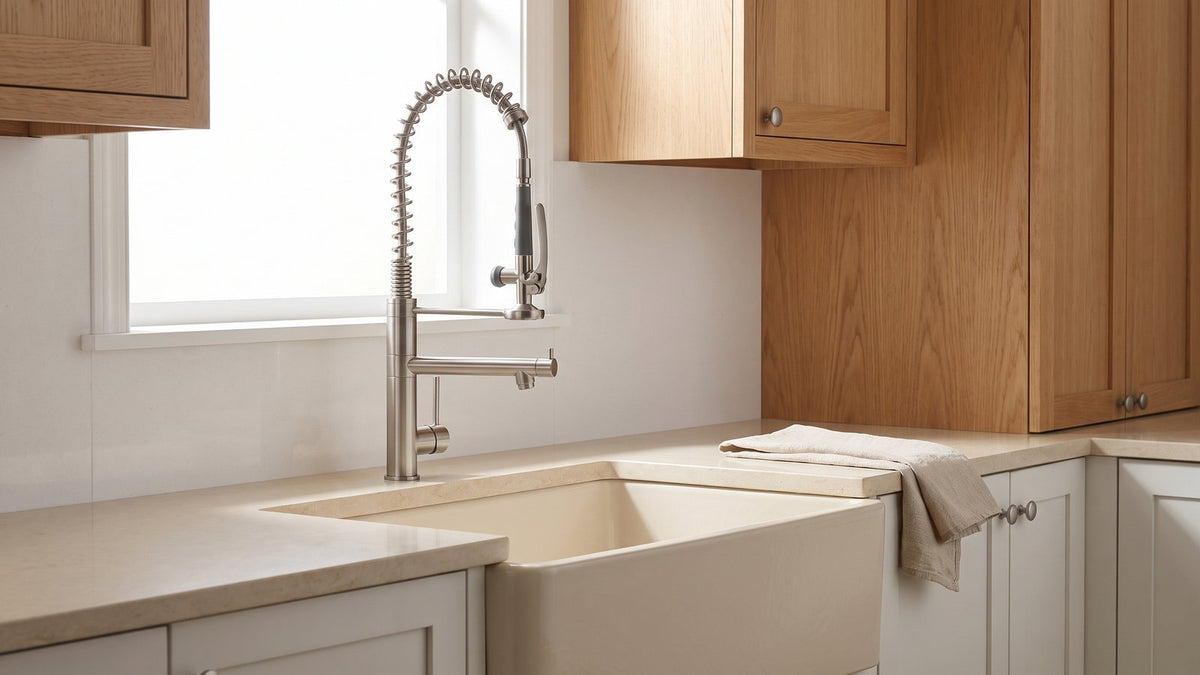 Klempner commercial kitchen faucet with pot filler in brushed nickel, mounted at a farmhouse sink in a real oak kitchen