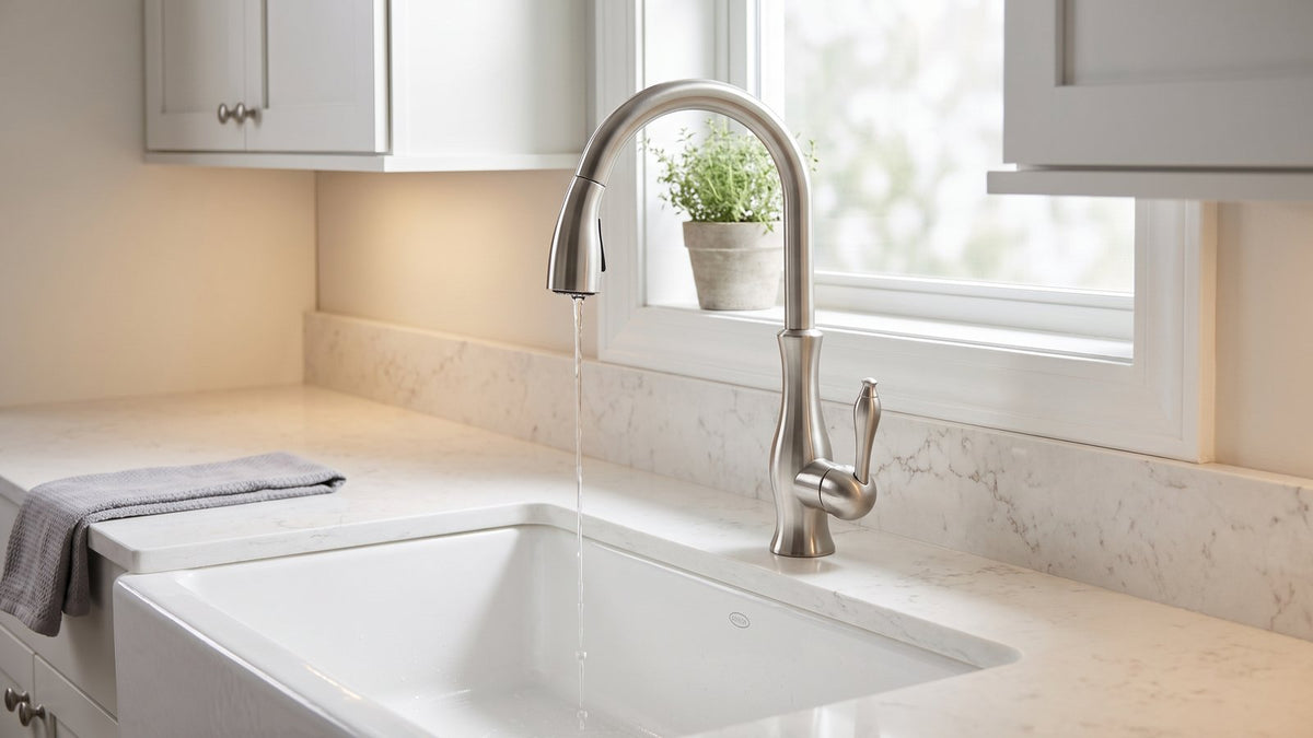 Kitchen faucet dripping into a farmhouse sink