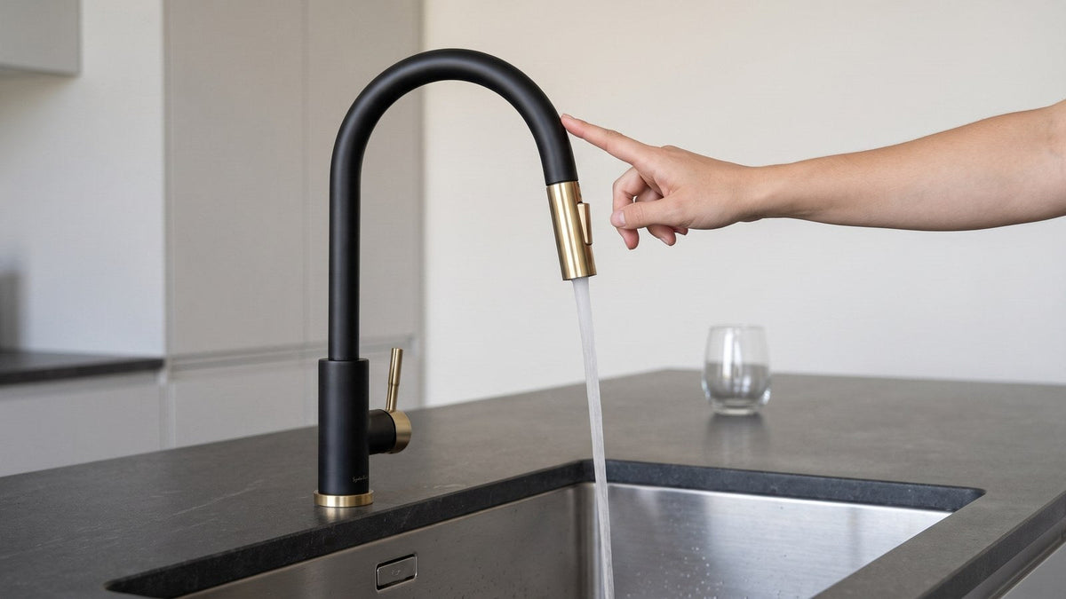 Fingertips tapping the spout of a matte black and brushed gold Imperium touch kitchen faucet as water begins to run into a stainless undermount sink