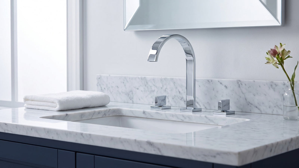 Widespread three-hole bathroom faucet in polished chrome over a marble vanity, illustrating the widespread configuration compared with centerset faucets