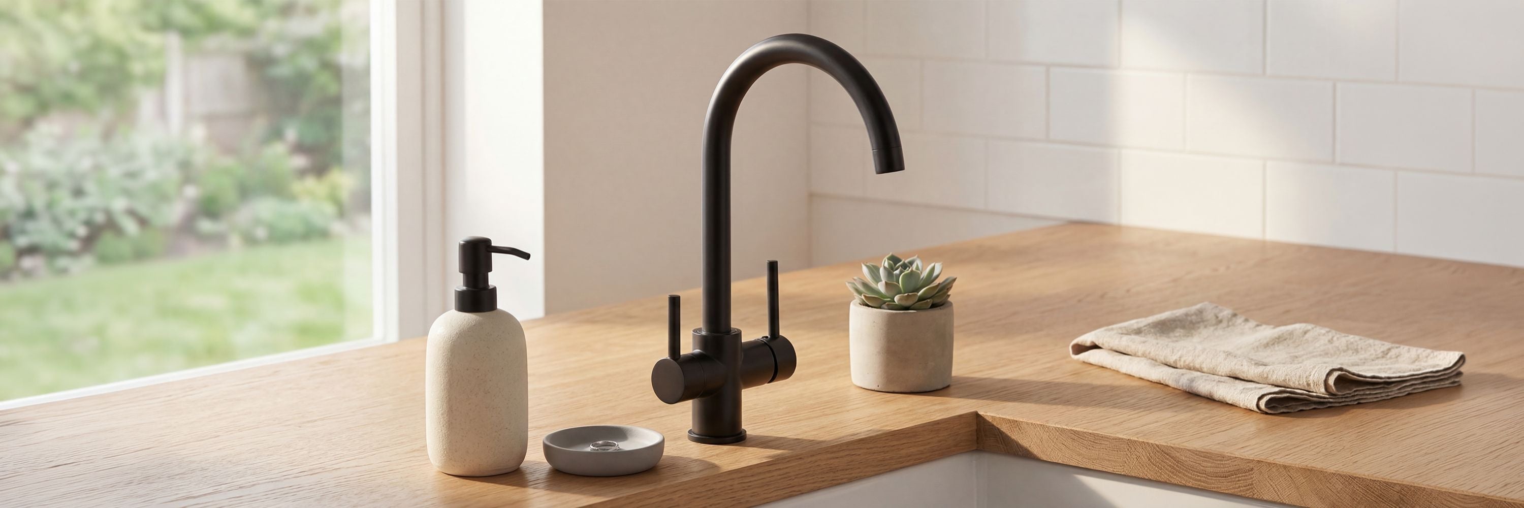 André three-way drinking water kitchen faucet in matte black with dual handle design, installed on a light oak countertop next to a soap dispenser and succulent.