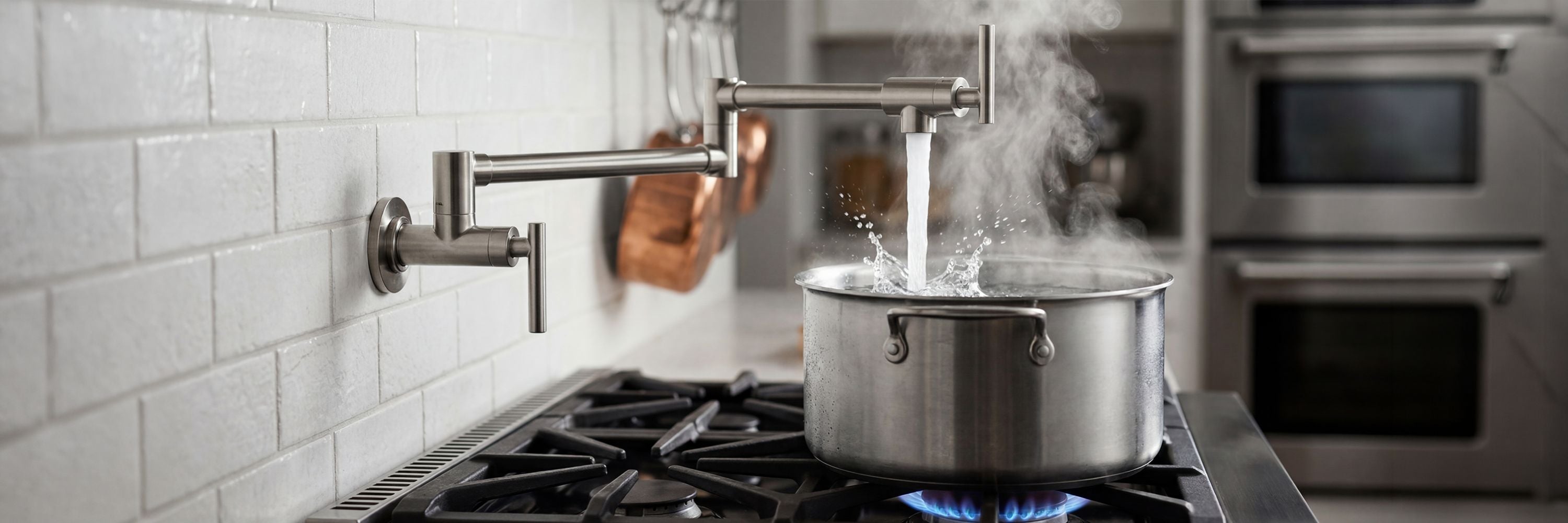 Gertner Pot Filler Faucet with double joint swing arm and two-handle design installed over a kitchen range.