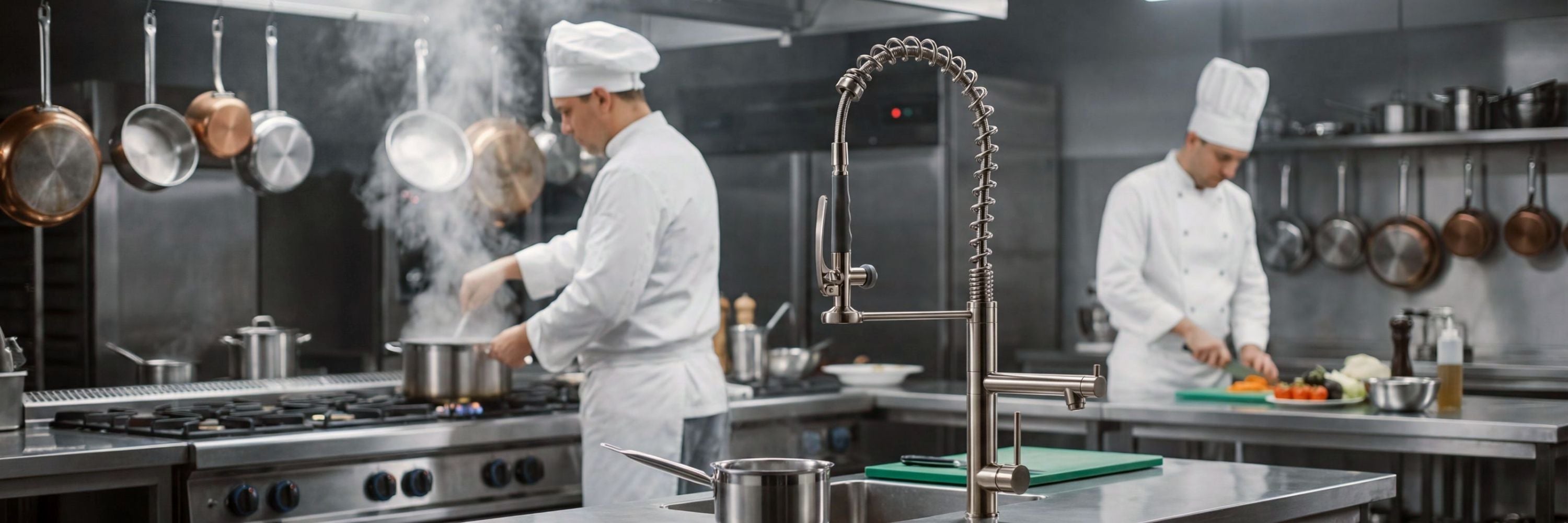 Klempner Professional brushed nickel kitchen faucet with industrial spring-neck and pull-down sprayer in a high-end professional kitchen with stainless steel appliances.