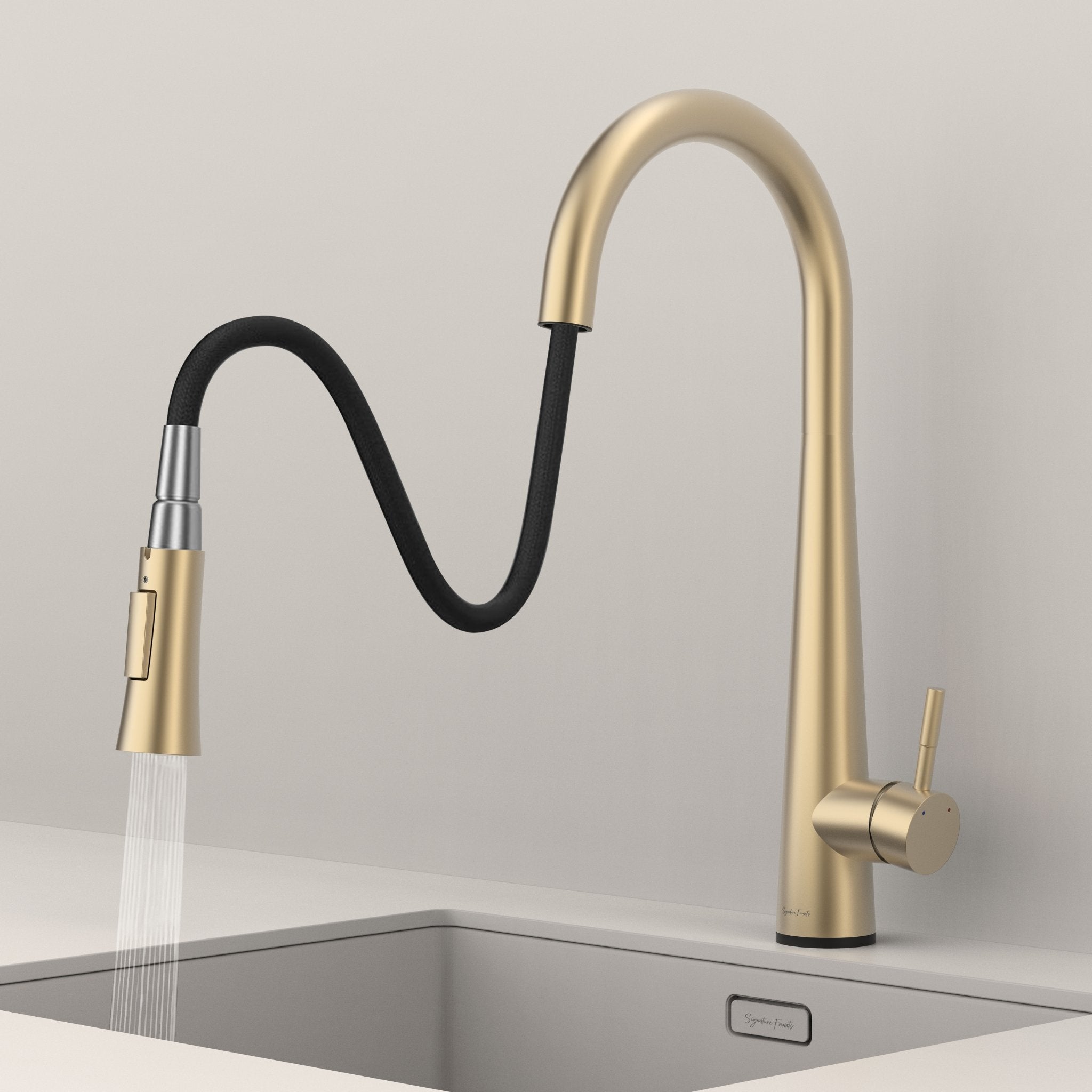 Brushed gold touch kitchen faucet with pull-down sprayer extended showing spray mode #color_brushed gold