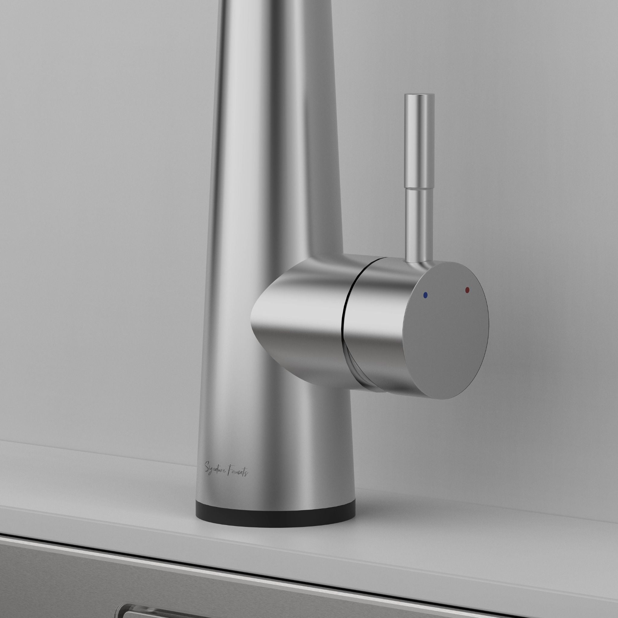 Brushed nickel touch kitchen faucet lever handle and hot cold indicators close up #color_brushed nickel