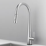 Side angle of Arcus Touch Kitchen Faucet with Pull-Down Sprayer in brushed nickel, highlighting minimalist modern kitchen design by Signature Faucets. #color_brushed nickel