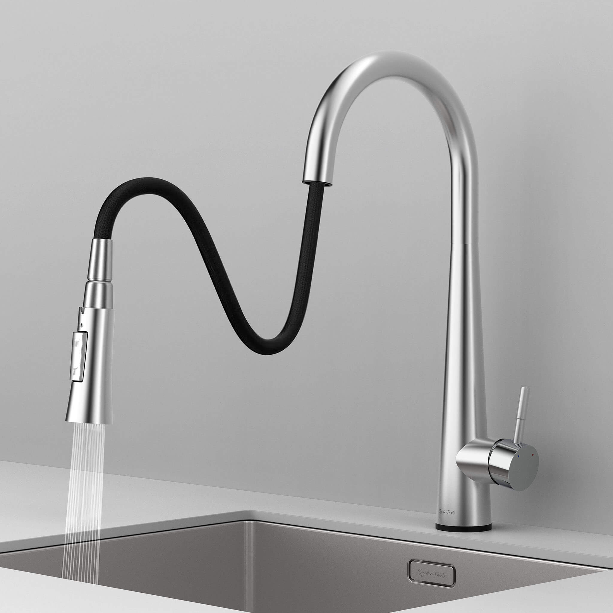 Arcus Touch Kitchen Faucet with flexible pull-down sprayer extended over sink, featuring ergonomic design and brushed nickel finish by Signature Faucets. #color_brushed nickel