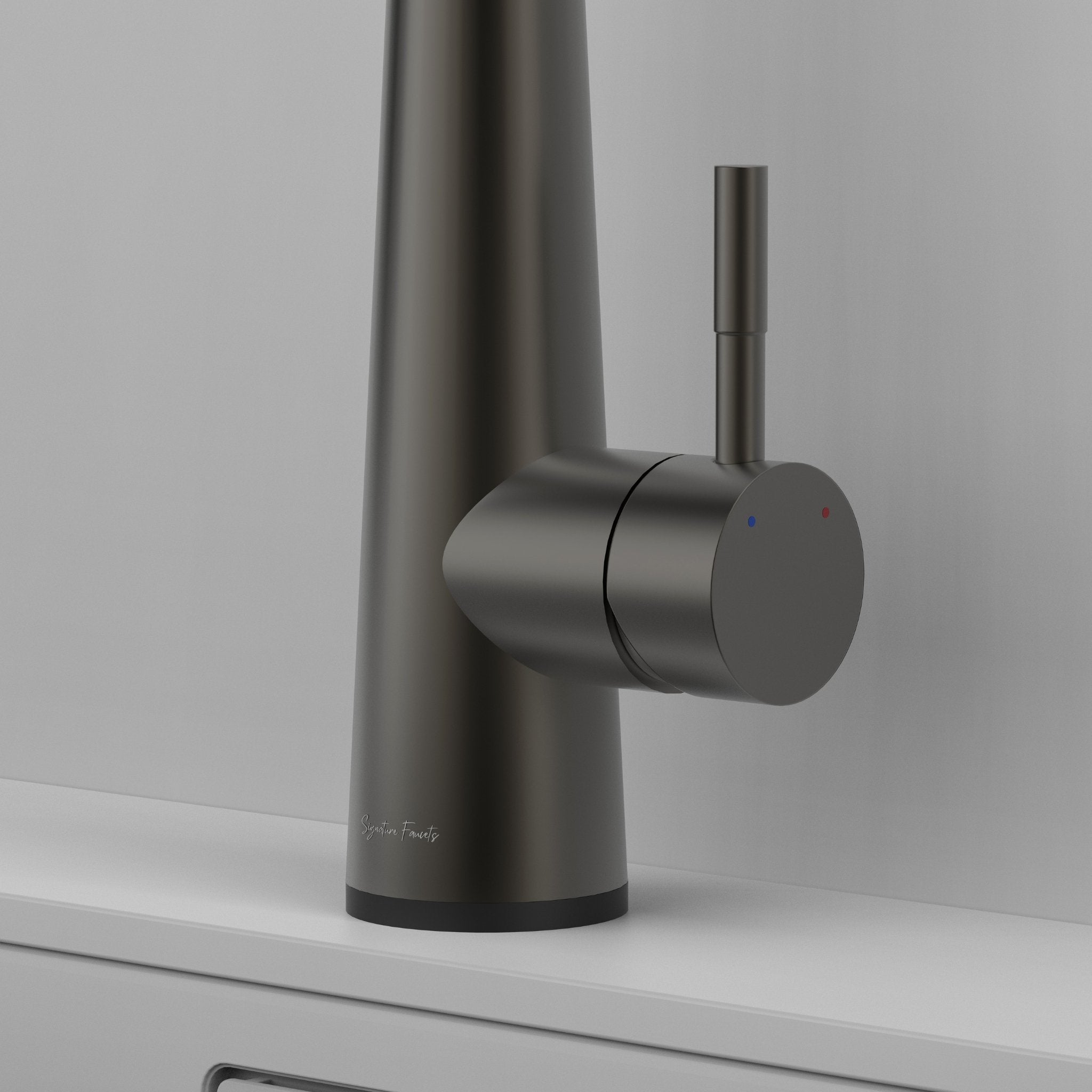 Gunmetal gray touch kitchen faucet lever handle and hot cold indicators close up #color_gunmetal gray