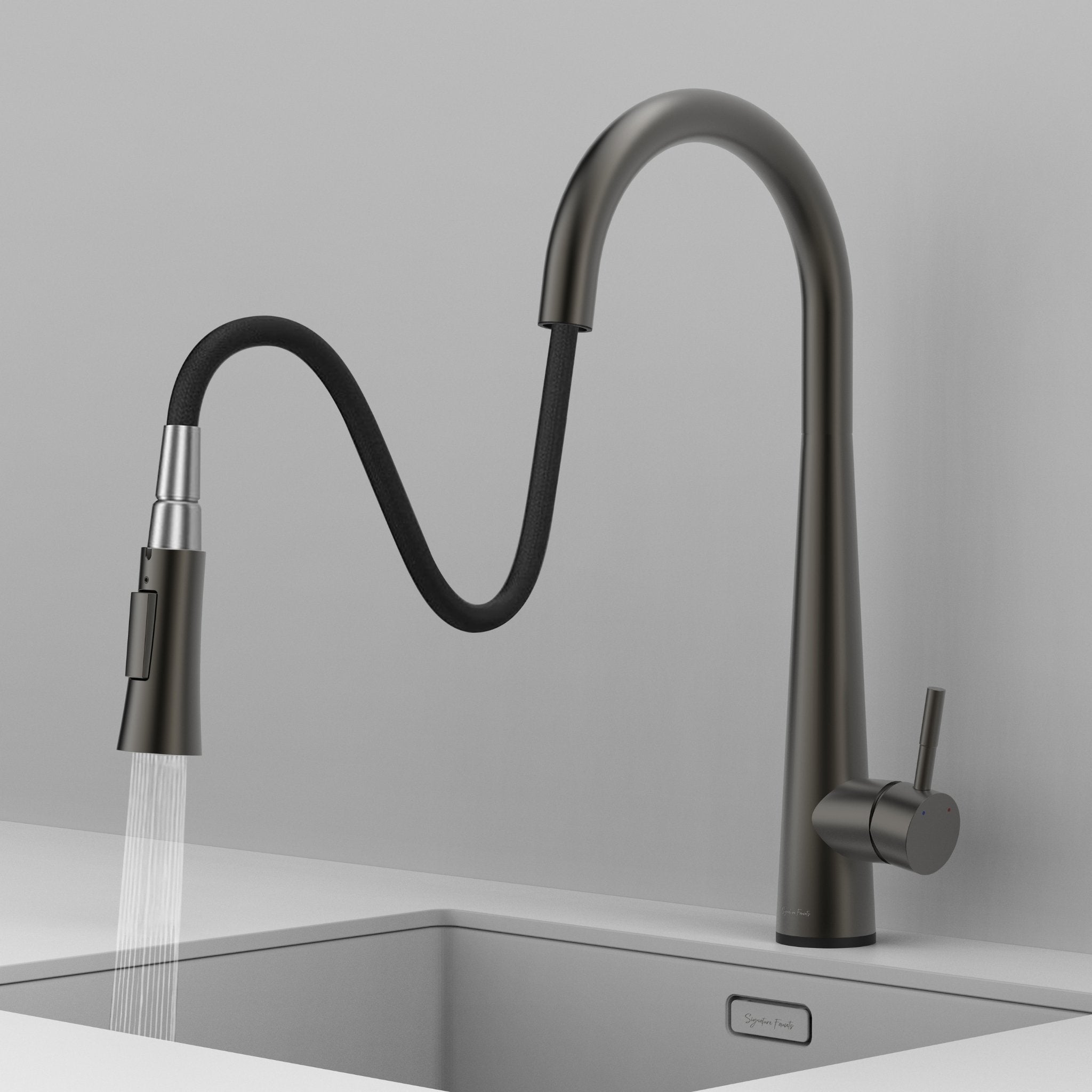 Gunmetal gray touch kitchen faucet with pull-down sprayer extended showing spray mode #color_gunmetal gray
