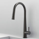 Side view of Arcus Touch Kitchen Faucet with Pull-Down Sprayer in elegant gunmetal gray finish, showcasing modern minimalist design by Signature Faucets. #color_gunmetal gray