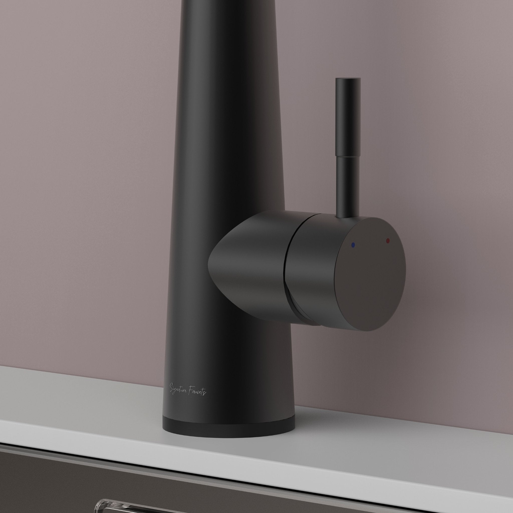 Matte black touch kitchen faucet lever handle and hot cold indicators close up #color_matte black