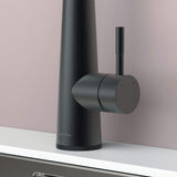 Close-up of Arcus Touch Kitchen Faucet handle in matte black finish, highlighting temperature control lever and sleek contemporary design by Signature Faucets. #color_matte black