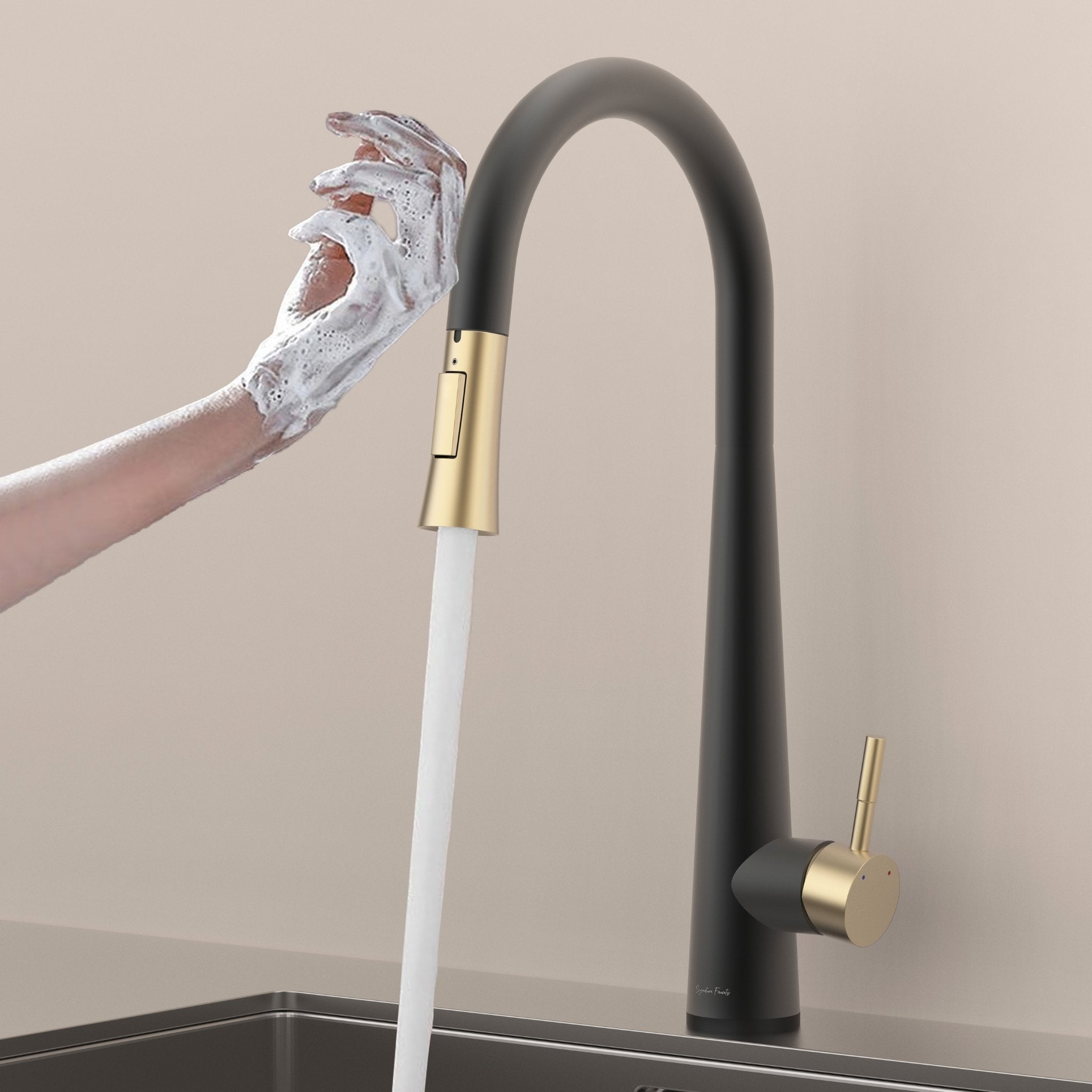 Matte black and brushed gold touch kitchen faucet activated by a soapy hand with water flowing #color_matte black and brushed gold