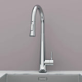 Front view of Arcus Touch Kitchen Faucet with Pull-Down Sprayer in chrome finish, installed on stainless steel sink by Signature Faucets. #color_chrome