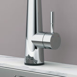 Close-up of Arcus Touch Kitchen Faucet handle in chrome finish, highlighting temperature control lever and sleek contemporary design by Signature Faucets. #color_chrome