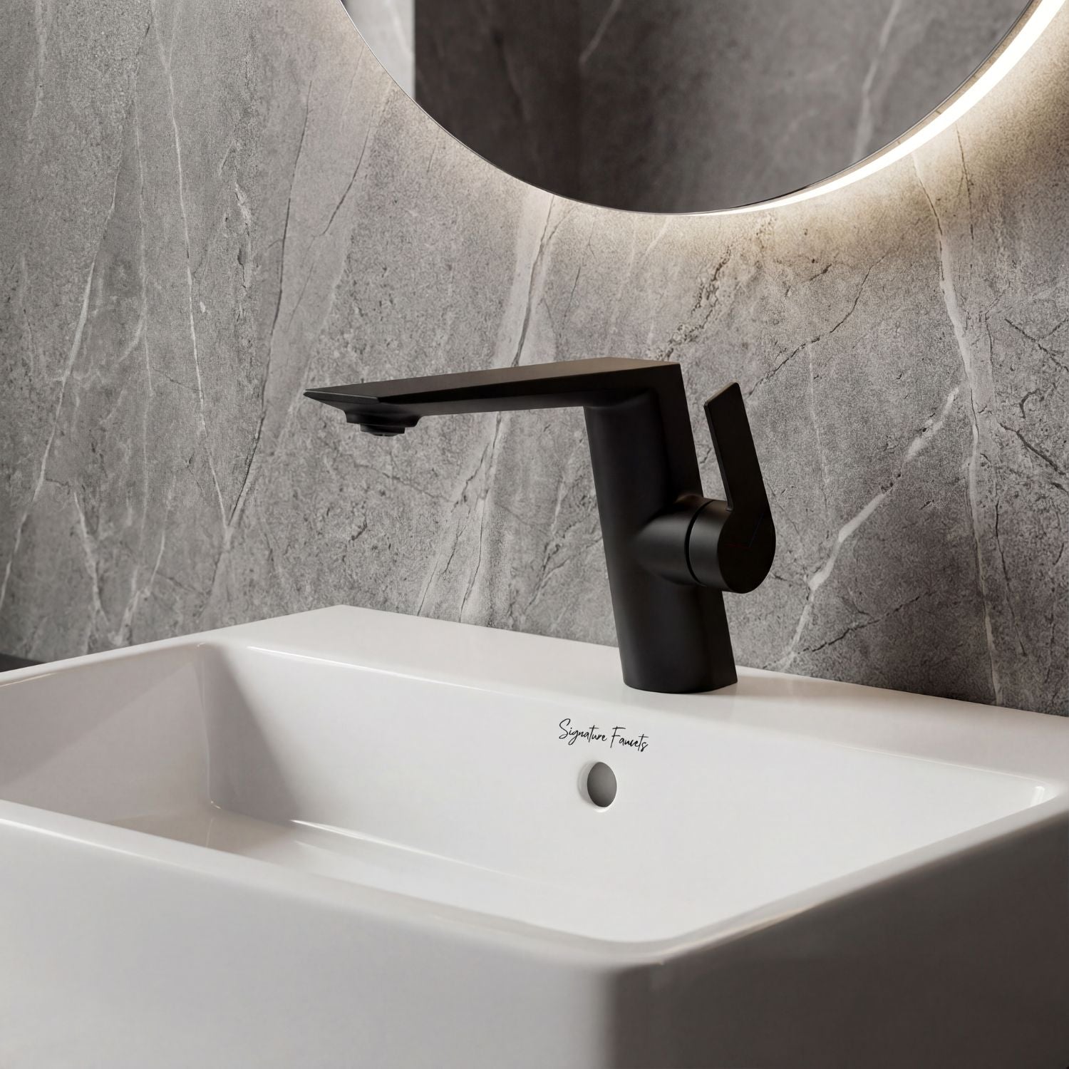 Signature Faucets Kissinger modern bathroom faucet with a single handle and single-hole design in matte black finish, featured in a contemporary bathroom with a marble backsplash as part of our bathroom faucet collection.