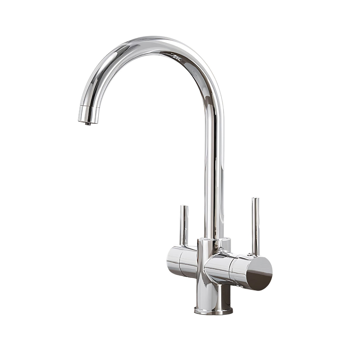 A modern high-arc chrome kitchen faucet with two lever handles on a solid white background. #color_chrome