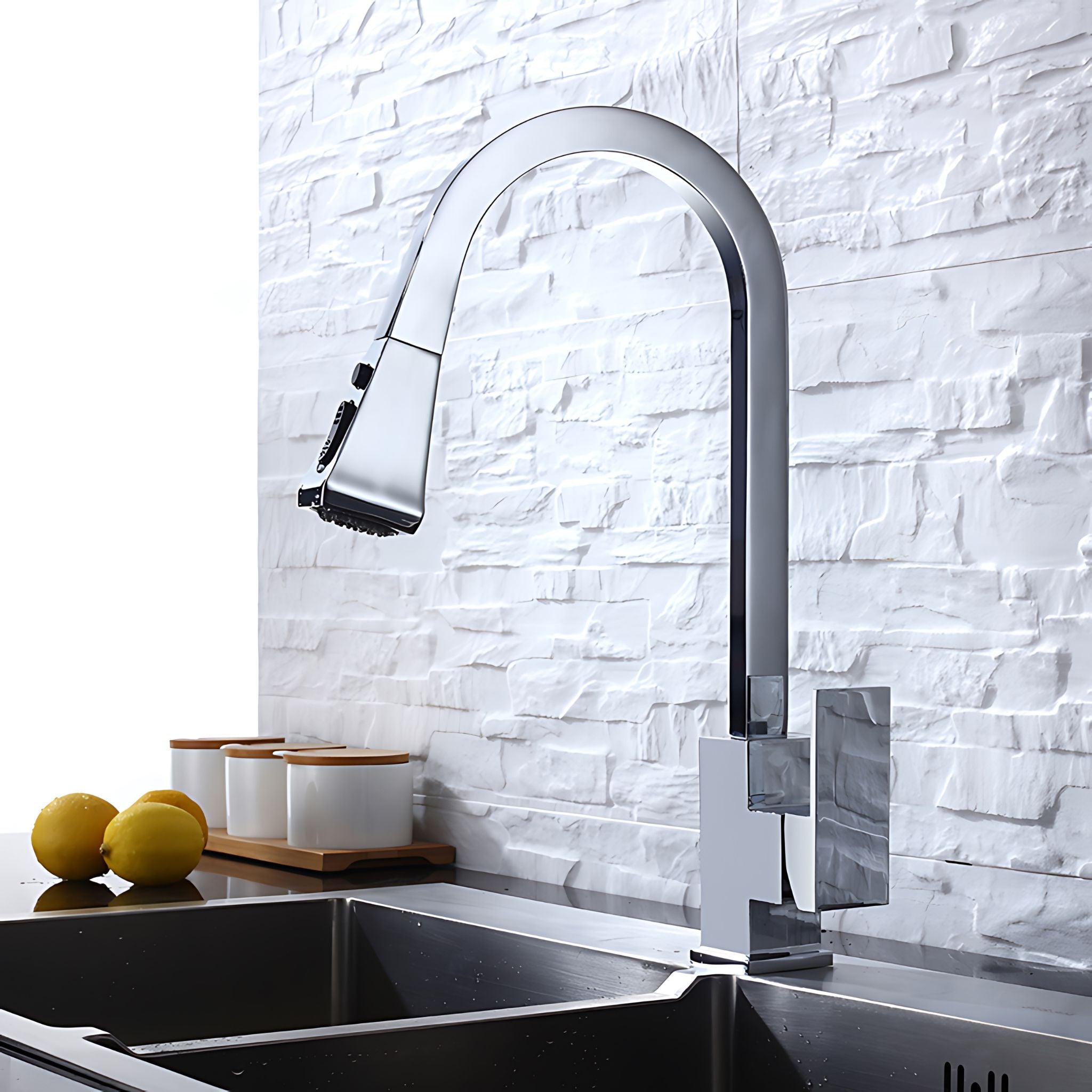 A modern high-arc pull-down kitchen faucet with a matte silver finish, installed on a dark double-basin sink against a white brick backsplash. #color_chrome