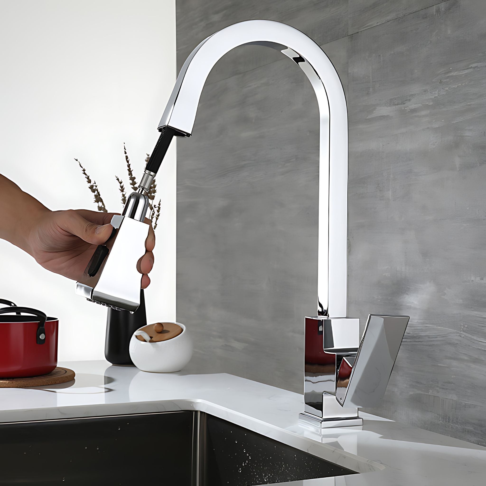A modern high-arc chrome pull-down kitchen faucet installed on a white countertop, with a hand holding the faucet handle in a kitchen setting with a gray tiled backsplash. #color_chrome