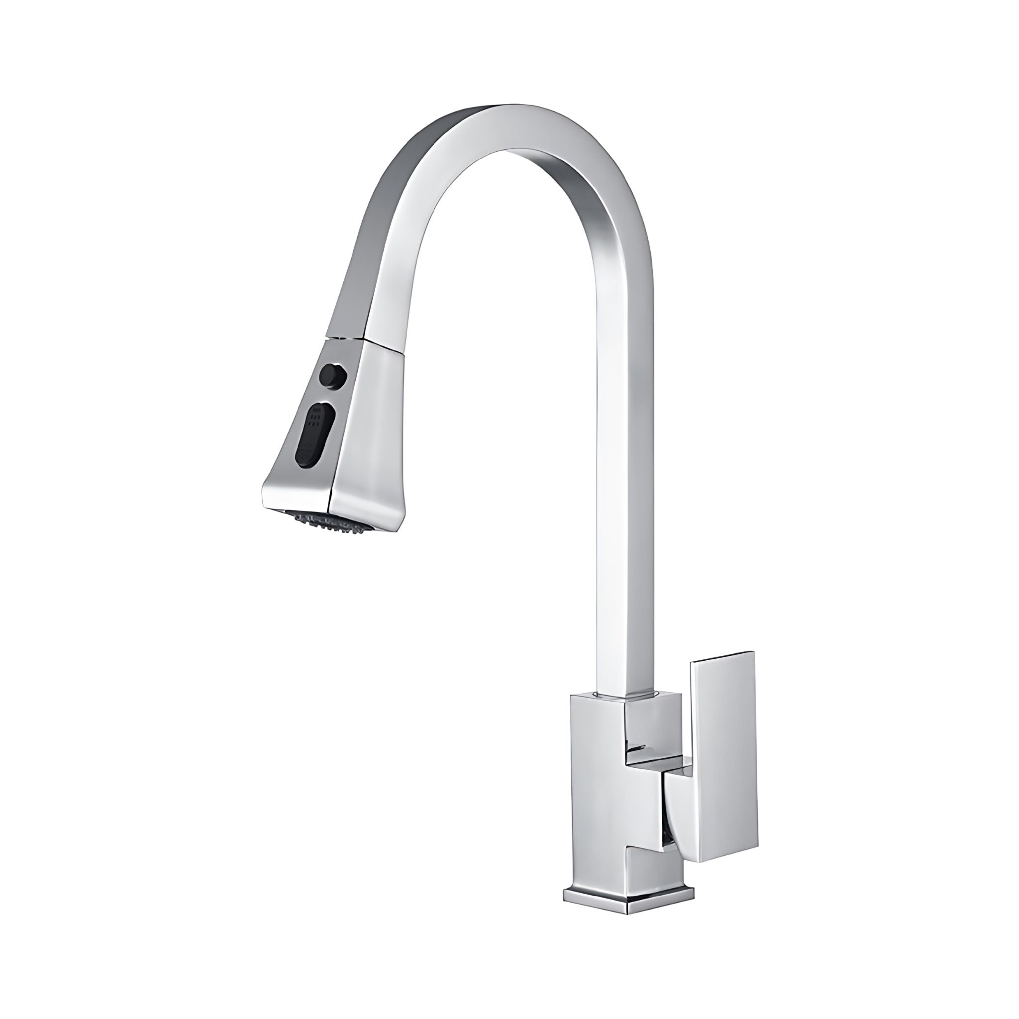 A modern pull-down kitchen faucet with a brushed nickel finish, featuring a high-arc spout, a separate side handle, and a small black touch-sensitive control on the spray head, shown against a plain white background. #color_brushed nickel