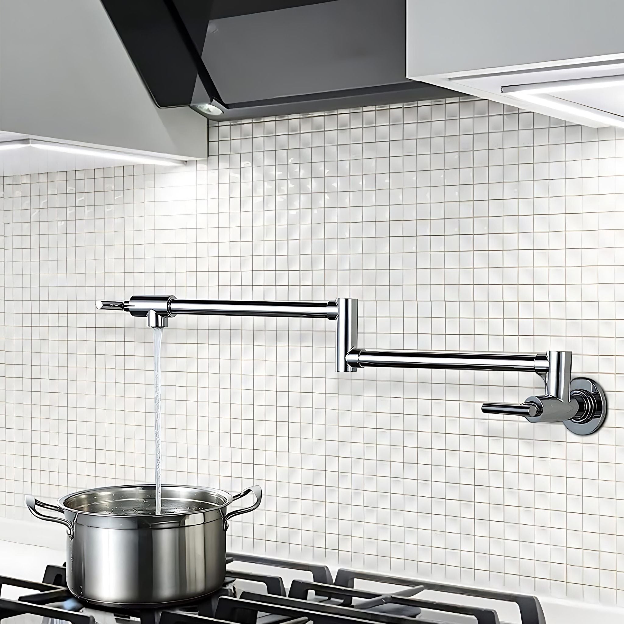 A wall-mounted pull-down kitchen faucet with a polished chrome finish, shown with water running into a stainless steel pot on a gas stovetop against a white tiled backsplash. #color_chrome