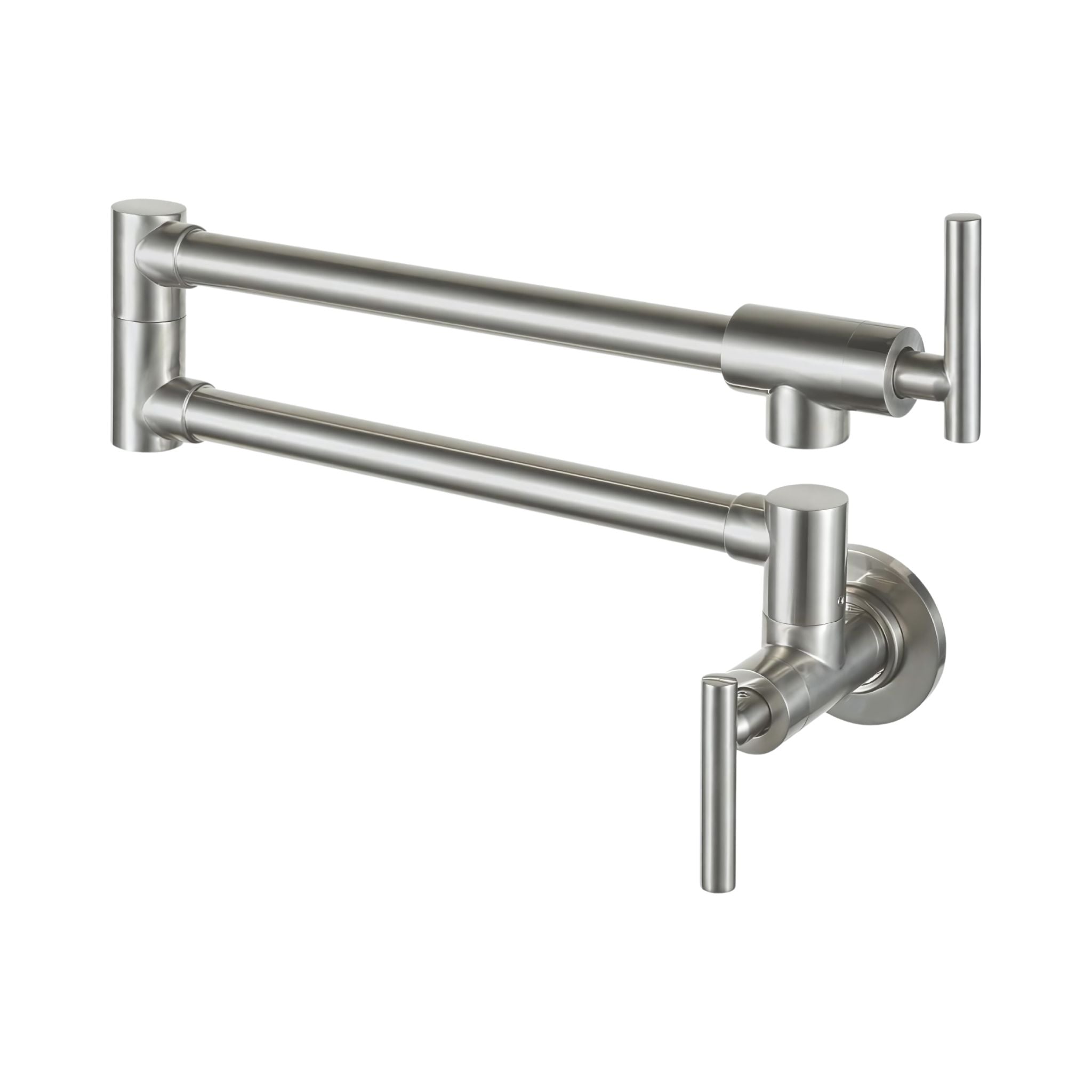 A wall-mounted double arm kitchen faucet with lever handles in a brushed nickel finish, shown against a plain white background. #color_brushed nickel