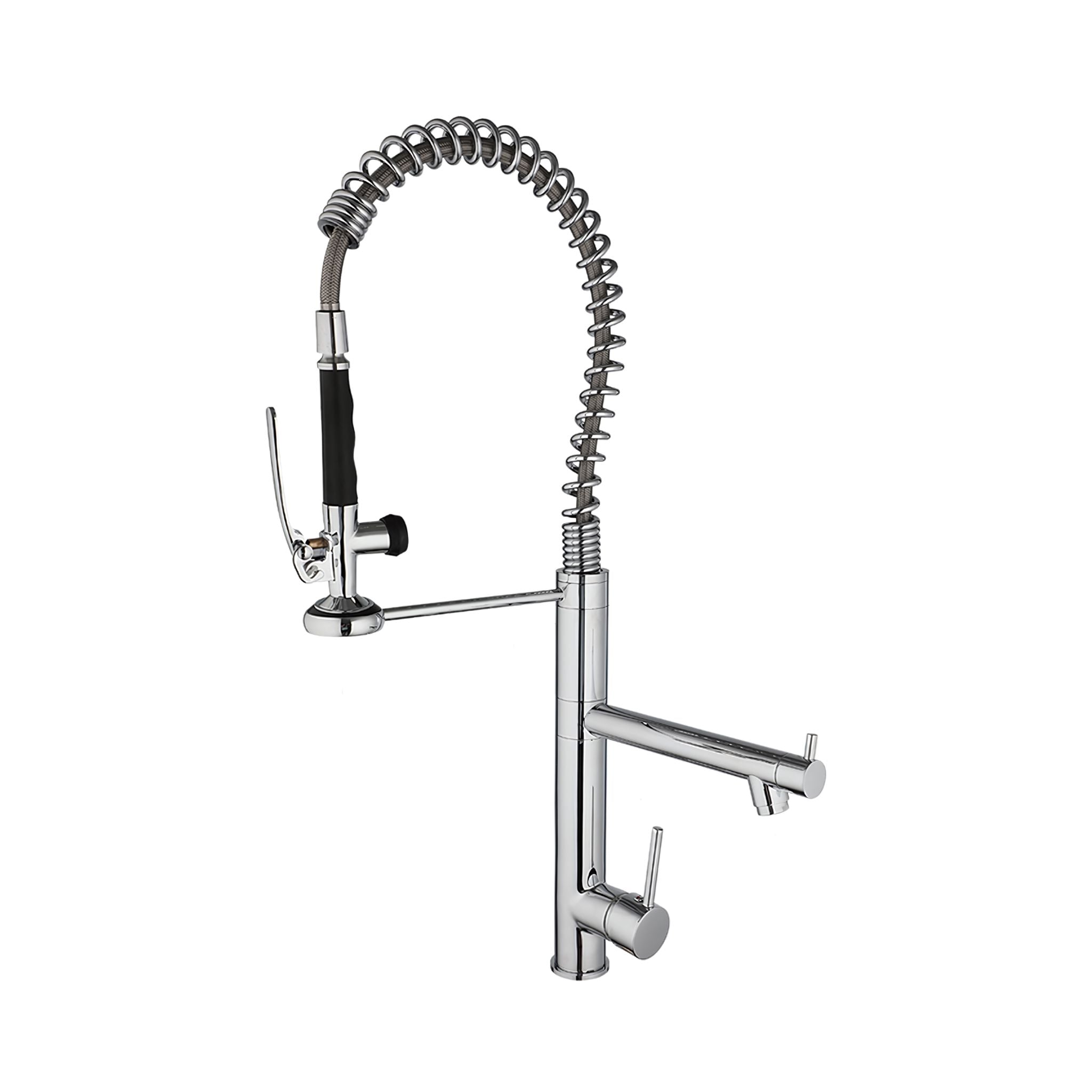 A modern kitchen faucet with a polished chrome finish, featuring a high-arc flexible spring hose, a side-mounted spray arm, and a vertical handle on a solid white background. #color_chrome