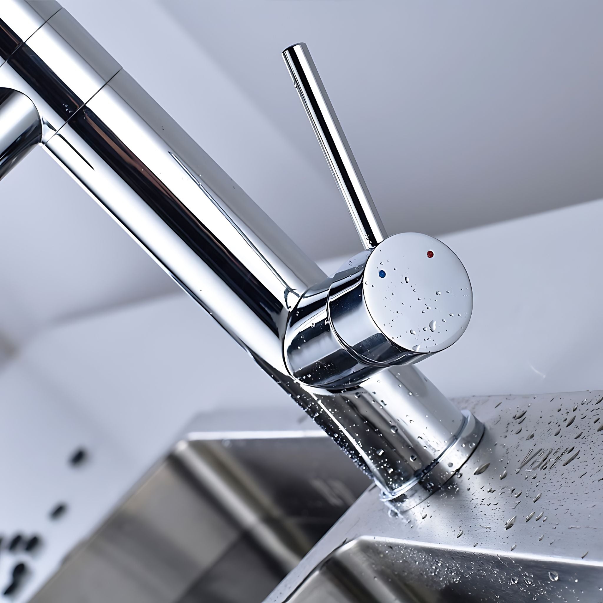 A close-up of a modern single-handle kitchen faucet with a polished chrome finish, shown installed above a stainless steel sink with water droplets on the faucet and sink surface. #color_chrome