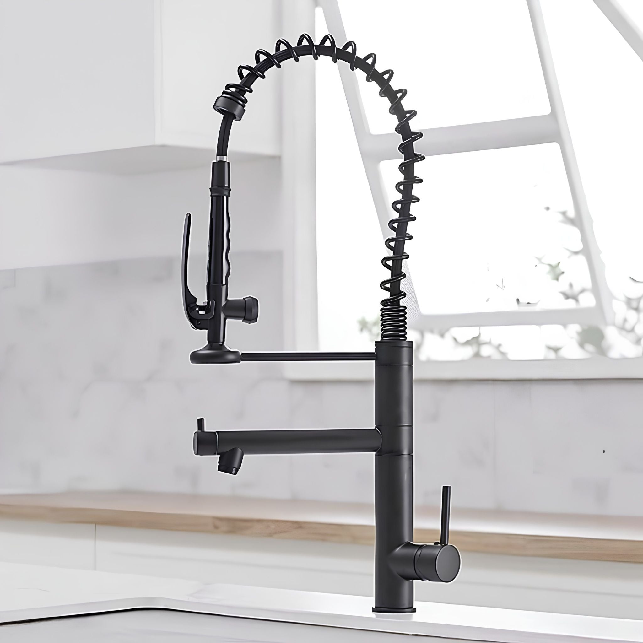 Matte Black commercial kitchen faucet with spring coil spout and pot filler arm, modern kitchen setting #color_matte black