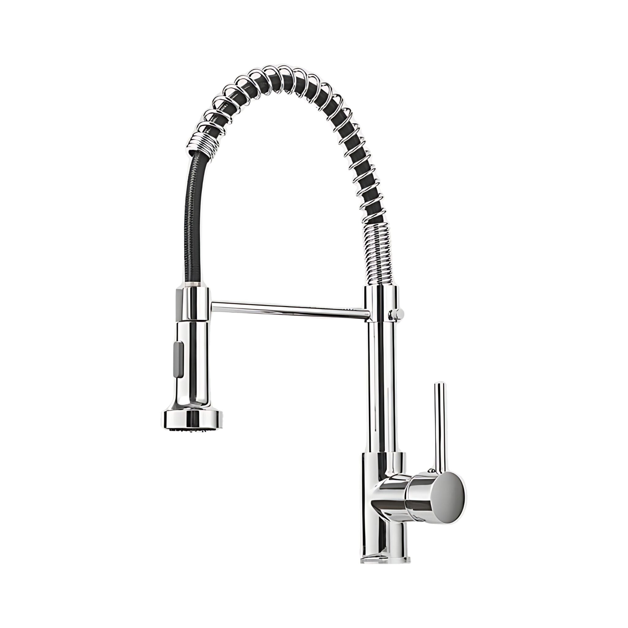A modern kitchen faucet with a polished chrome finish, featuring a flexible coiled gooseneck spout, a side-mounted single-handle lever, and a pull-out spray head, shown against a plain white background. #color_chrome