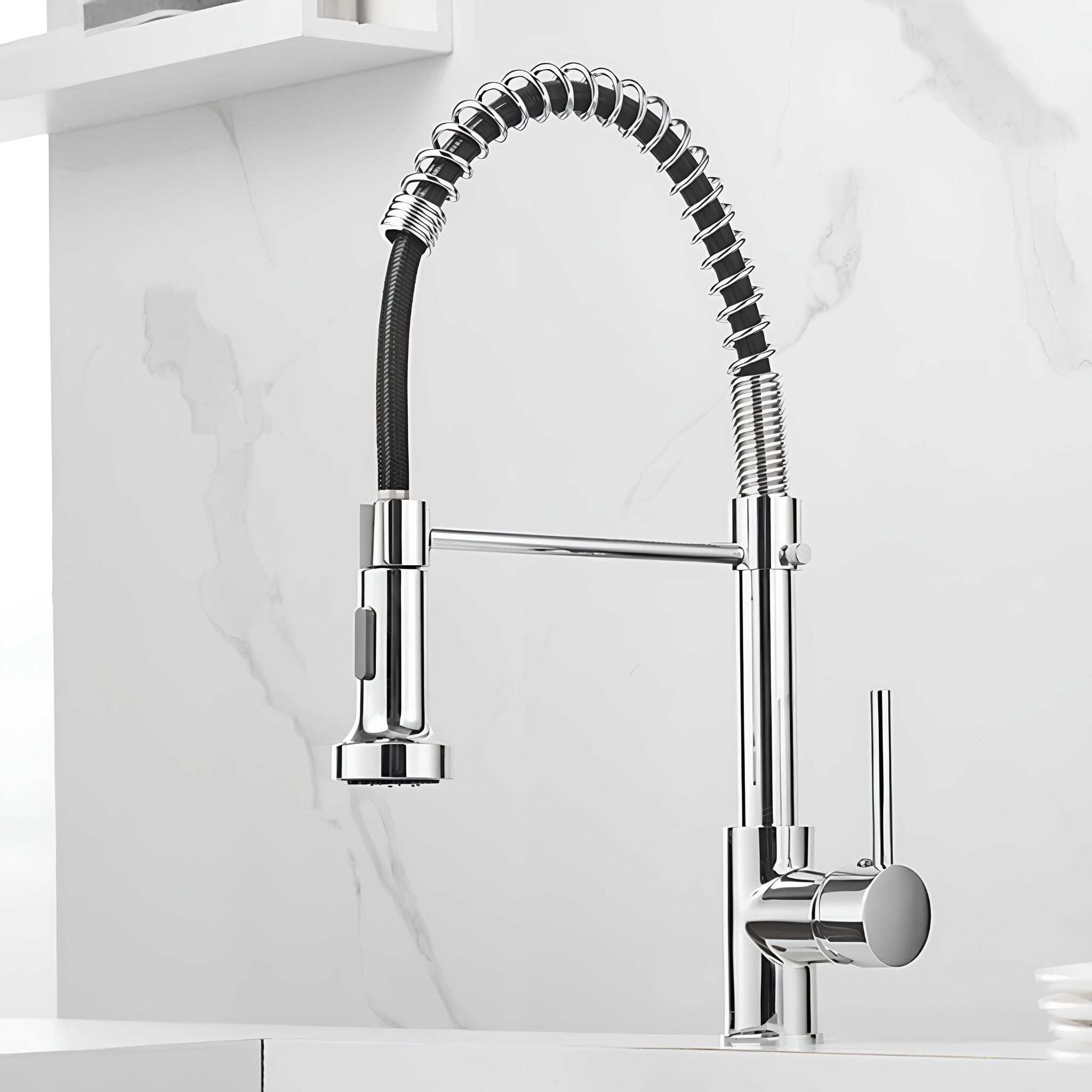 A modern kitchen faucet with a polished chrome body, a flexible black and chrome spray arm, and a single vertical handle, shown installed against a white marble-look backsplash. #color_chrome