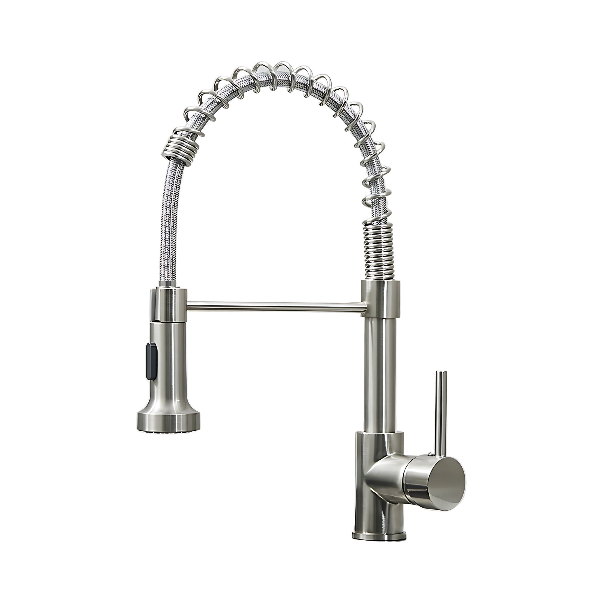 A modern pull-down kitchen faucet with a flexible gooseneck spout, single lever handle, and pull-out spray head, finished in brushed stainless steel with a small black control switch on the side, shown against a plain white background. #color_brushed nickel