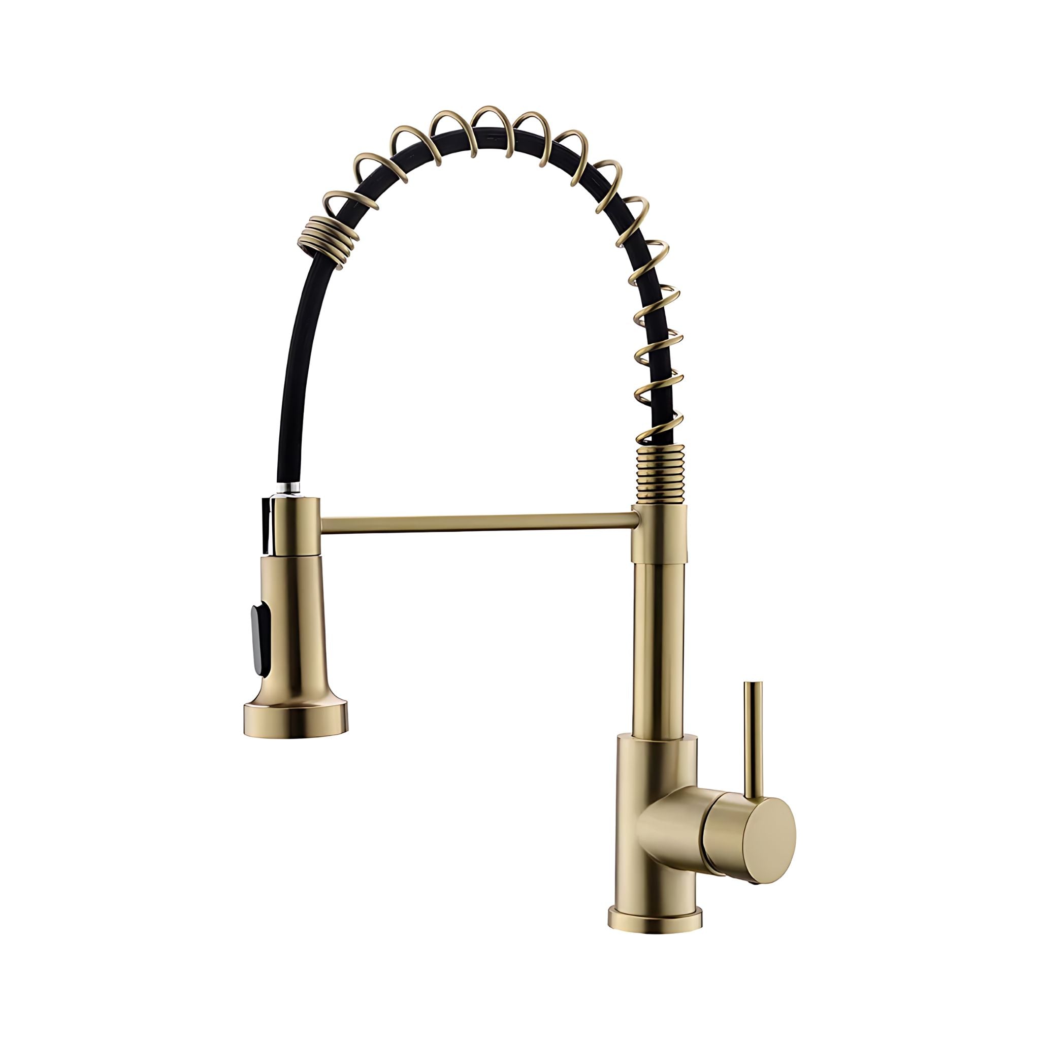A modern pull-down kitchen faucet with a brushed brass/gold body, a black flexible spring-coiled hose, and a single lever handle, shown on a plain white background. #color_brushed gold