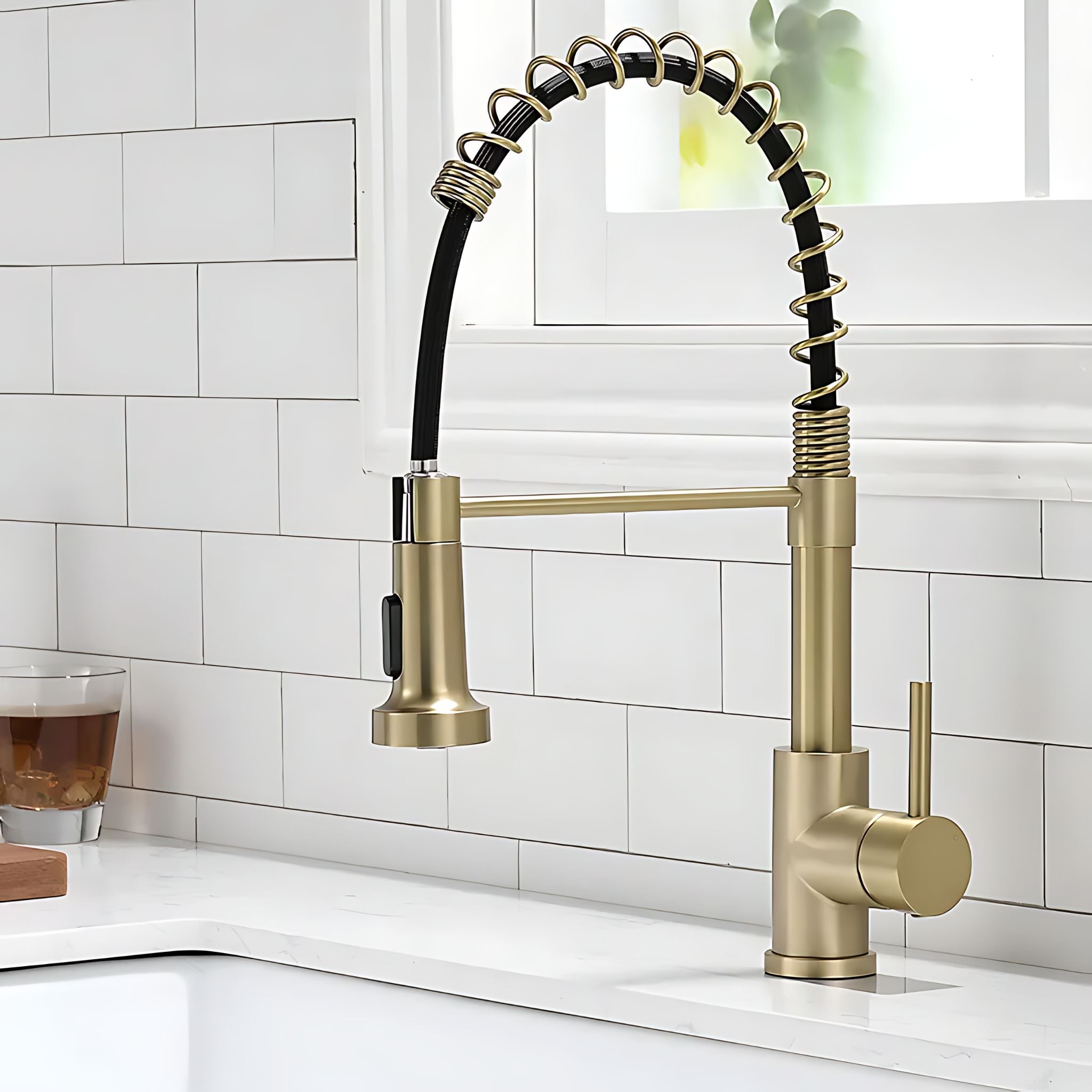 A modern pull-down kitchen faucet in brushed brass with a black and brass coiled spring hose, mounted on a white countertop against a white subway tile backsplash. #color_brushed gold
