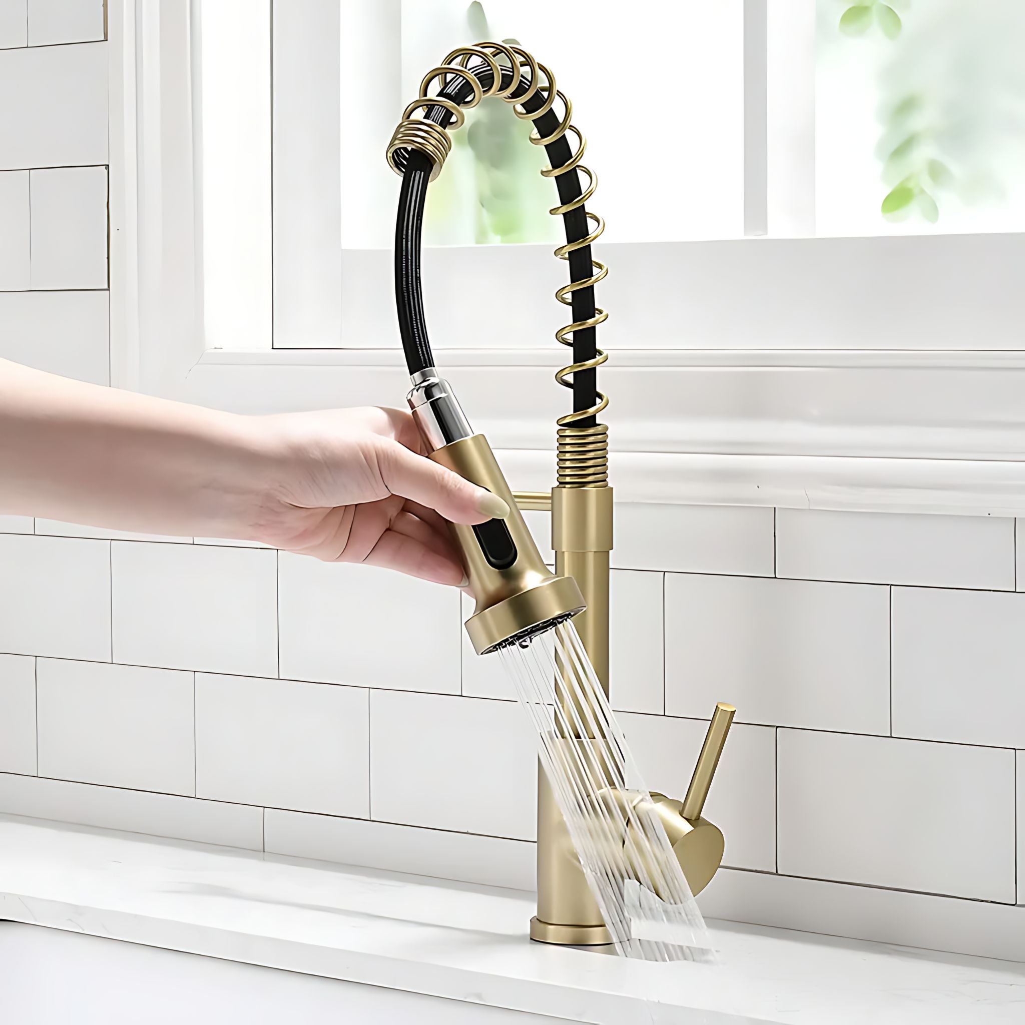 A gold and black pull-down kitchen faucet with a flexible hose, shown with a hand turning on the spray head. Water is flowing from the spray nozzle into a white tiled kitchen sink. #color_brushed gold