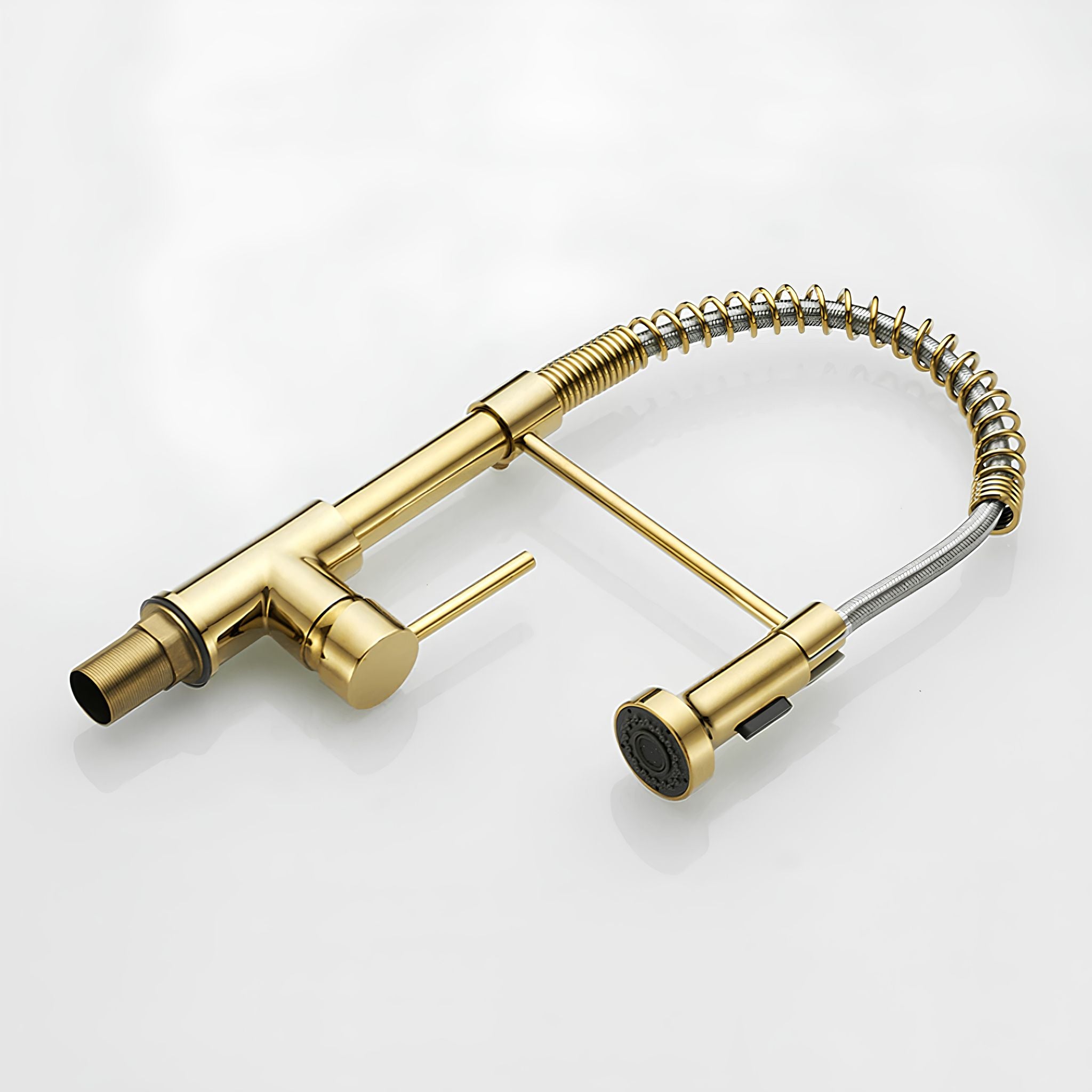 A modern kitchen faucet with a polished gold finish, featuring a curved gooseneck spout, a single lever handle, and a detachable pull-out spray head, shown on a clean white background. #color_gold