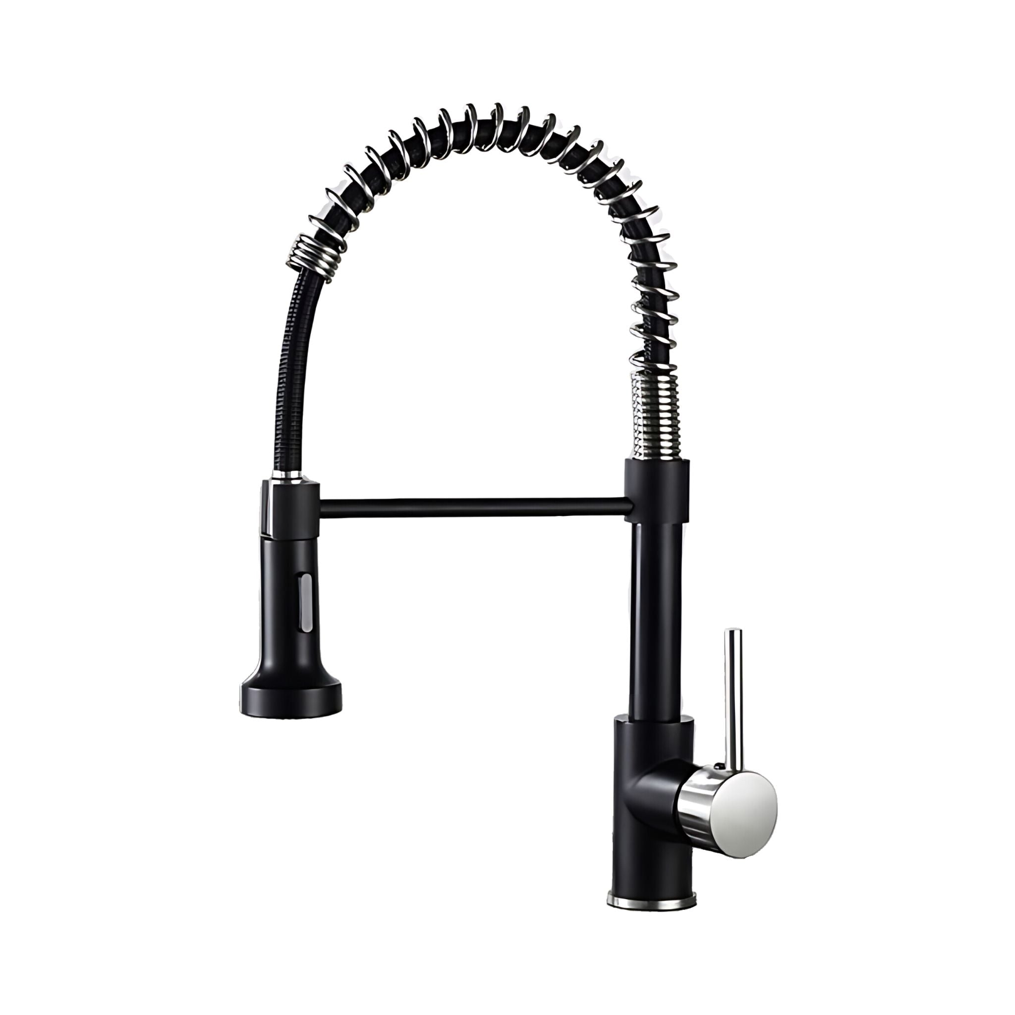 A modern kitchen faucet with a flexible, coiled gooseneck spout, a horizontal arm, and a single-handle lever with a silver accent, shown against a plain white background. #color_matte black and brushed nickel