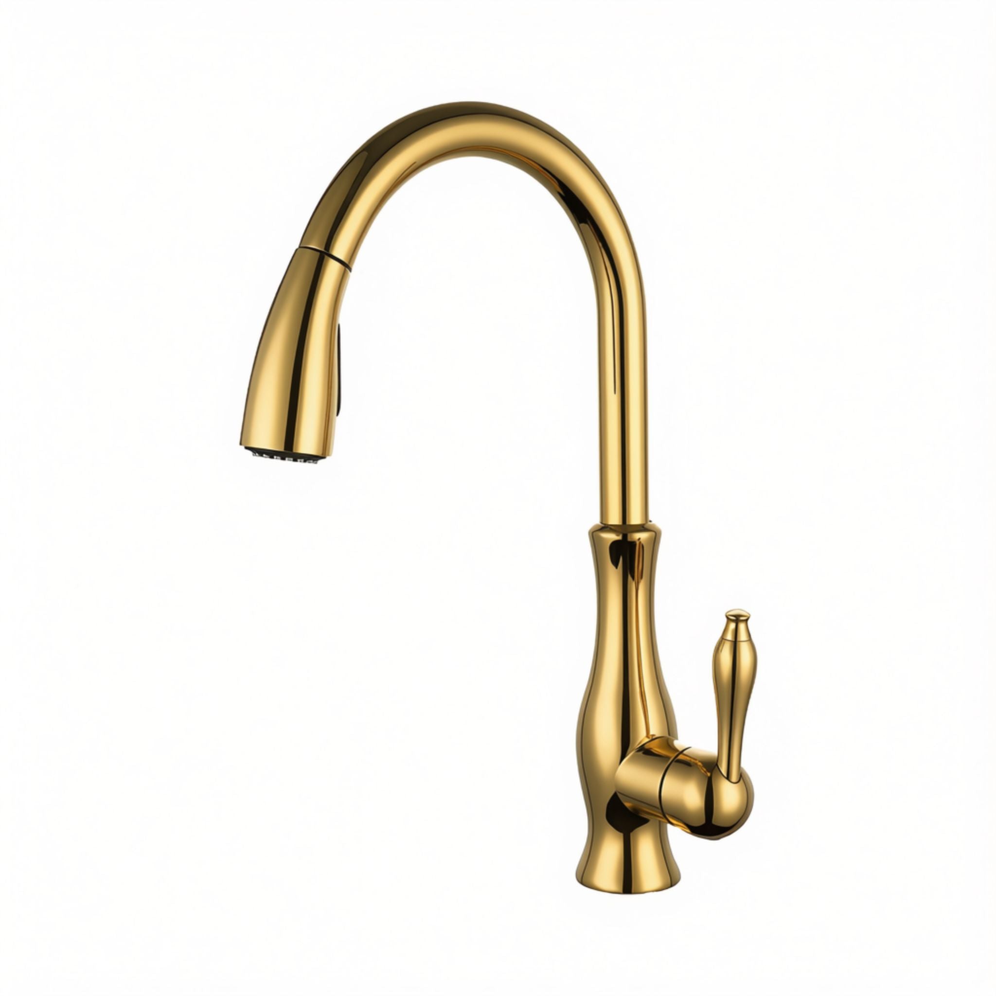 A polished gold kitchen faucet with a high-arc gooseneck spout and a separate lever handle, shown on a plain white background. #color_gold