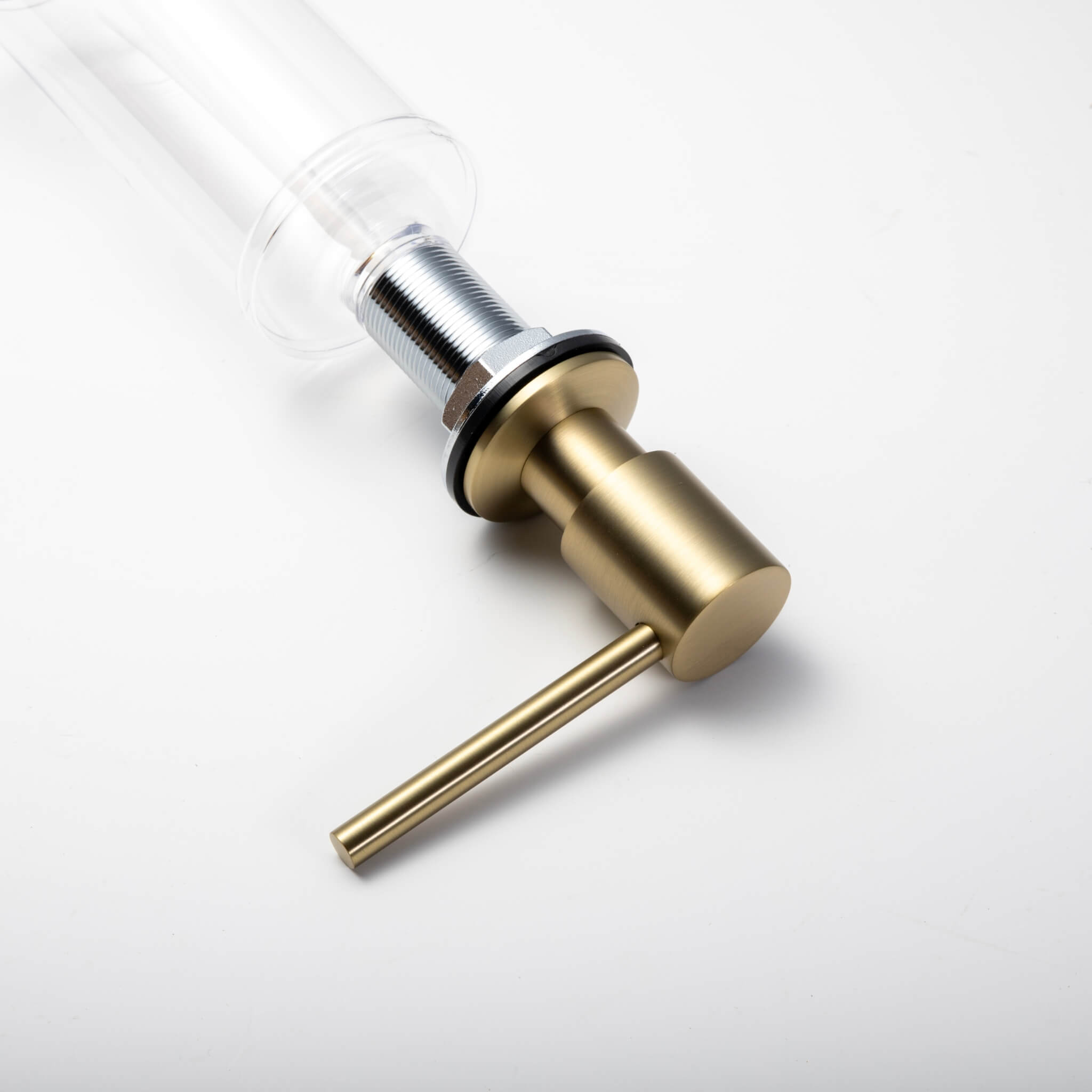 Angled view of the Berg Kitchen Sink Soap Dispenser in Brushed Gold, showing the spout and mounting base.