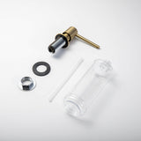 Berg Kitchen Sink Soap Dispenser components in Brushed Gold finish, showing bottle, pump, and mounting hardware.
