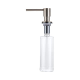 A stainless steel kitchen sink soap dispenser with a clear container and a brushed nickel finish