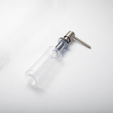 A stainless steel kitchen sink soap dispenser with a clear container and a brushed nickel finish