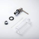 A stainless steel kitchen sink soap dispenser with a clear container and a brushed nickel finish