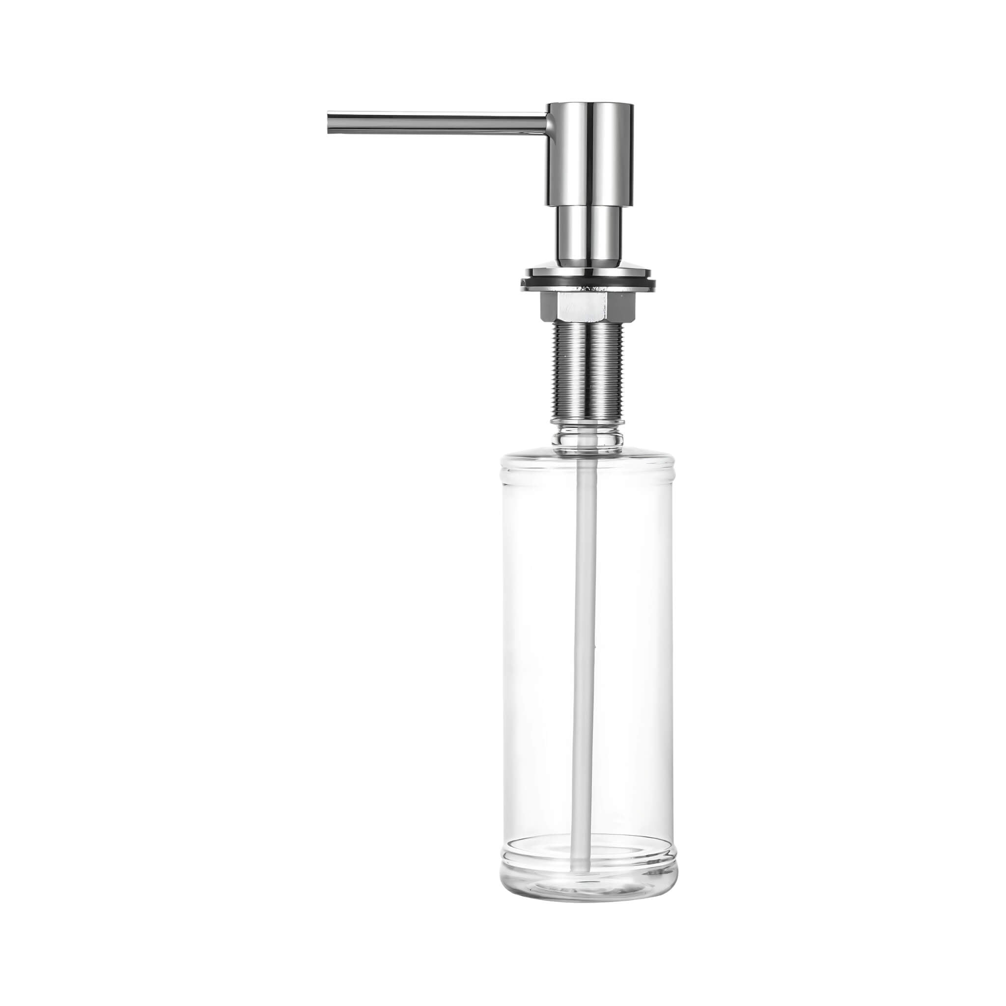 A stainless steel kitchen sink soap dispenser with a clear container and a chrome finish