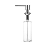 A stainless steel kitchen sink soap dispenser with a clear container and a chrome finish