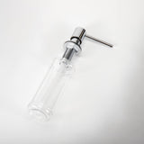 A stainless steel kitchen sink soap dispenser with a clear container and a chrome finish