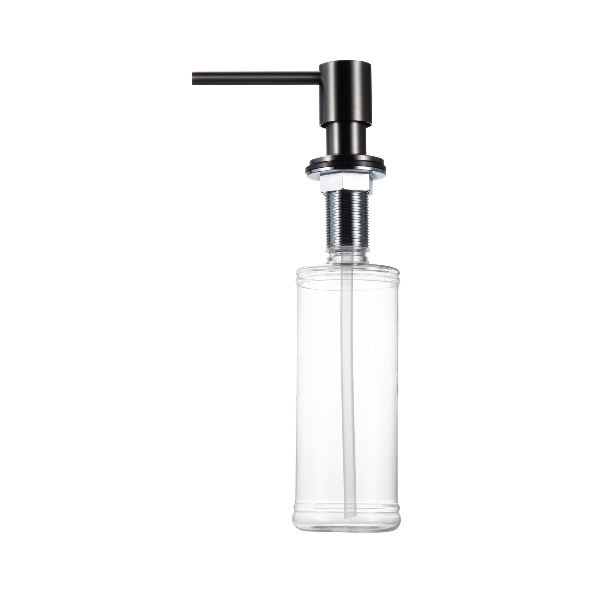 Side view of the Berg Kitchen Sink Soap Dispenser in Gunmetal Gray, showing the pump and full 14oz bottle.