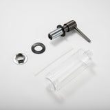 Berg Kitchen Sink Soap Dispenser components in Gunmetal Gray finish, showing bottle, pump, and mounting hardware.